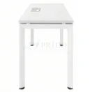 Mesa de trabajo blanca con diseño minimalista y patas rectas, equipada con apertura superior para gestión de cables.