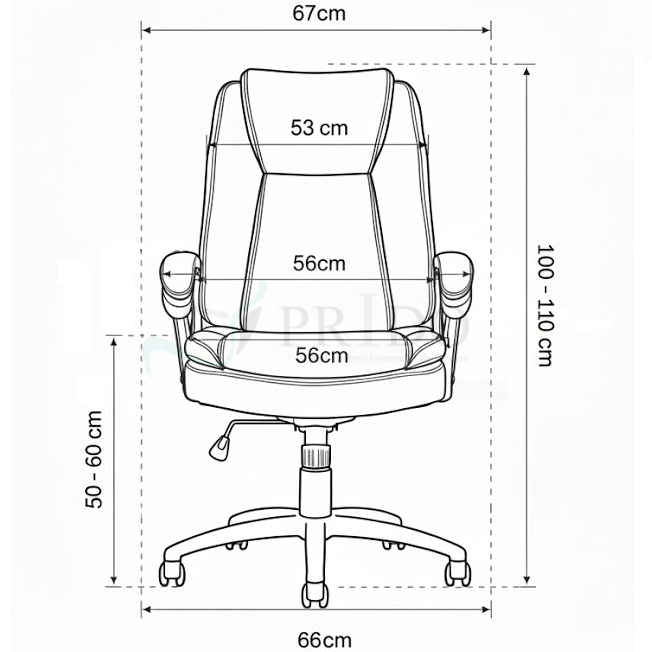 Dimensiones técnicas sillón JP: altura asiento 50-60 cm, ancho respaldo 53 cm y base de 66 cm.