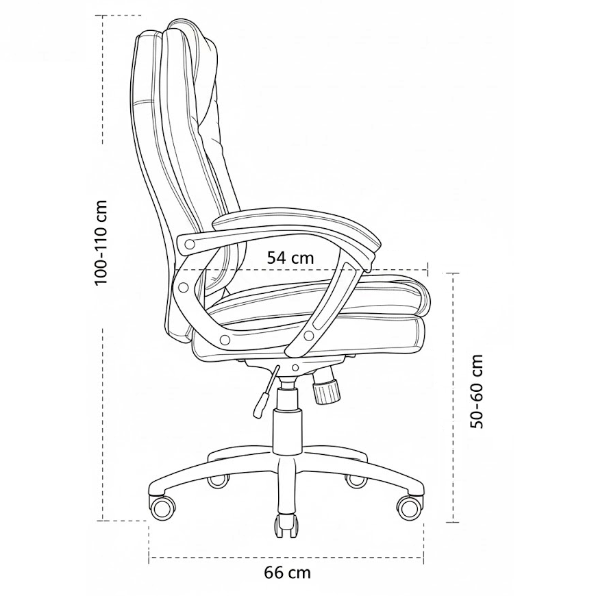 Dimensiones de perfil sillón JP: asiento de 54 cm de fondo, base de 66 cm y altura regulable 50-60 cm.