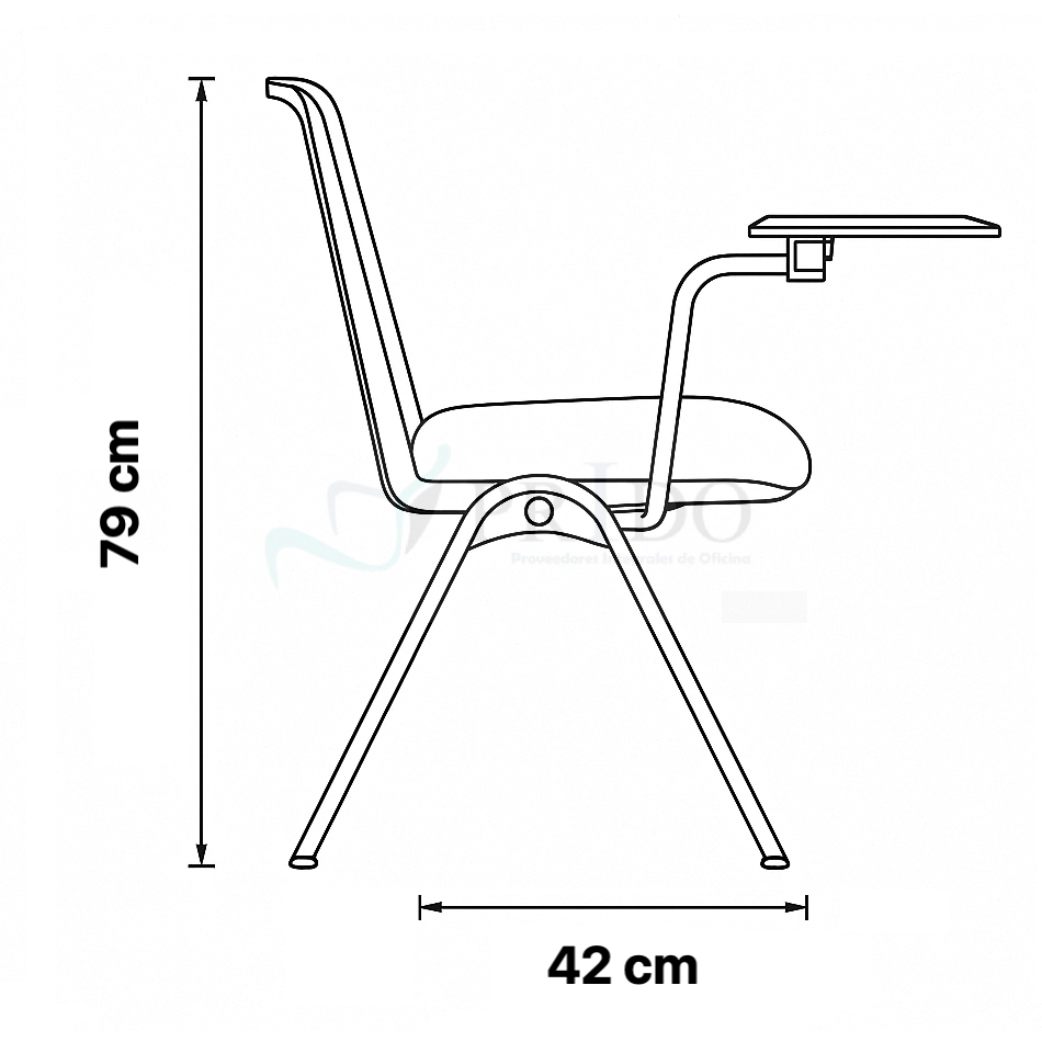 Diagrama lateral silla Delta con paleta: altura 79 cm, profundidad 42 cm.