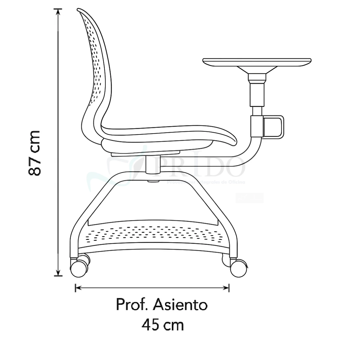 Diagrama lateral Silla Tiber : ancho 47 cm, altura de asiento 47 cm, base 47 cm.