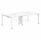 Mesa de reunión Hex de oficina, color blanco con pasacables rectangulares y estructura metálica minimalista.