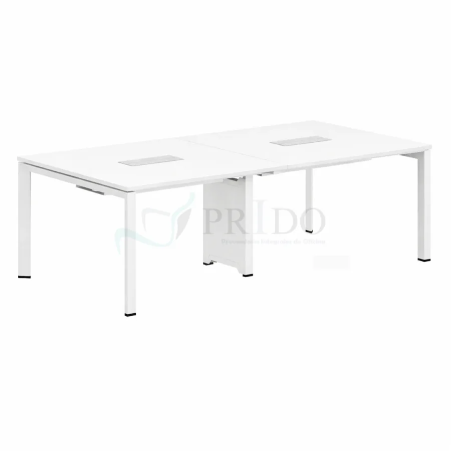 Mesa de reunión Hex de oficina, color blanco con pasacables rectangulares y estructura metálica minimalista.