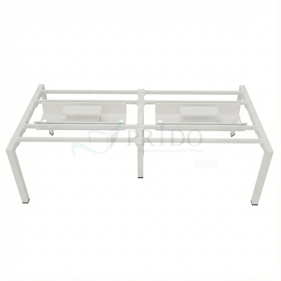 Estructura metálica blanca para mesa de reunión con doble canal de electrificación integrada.