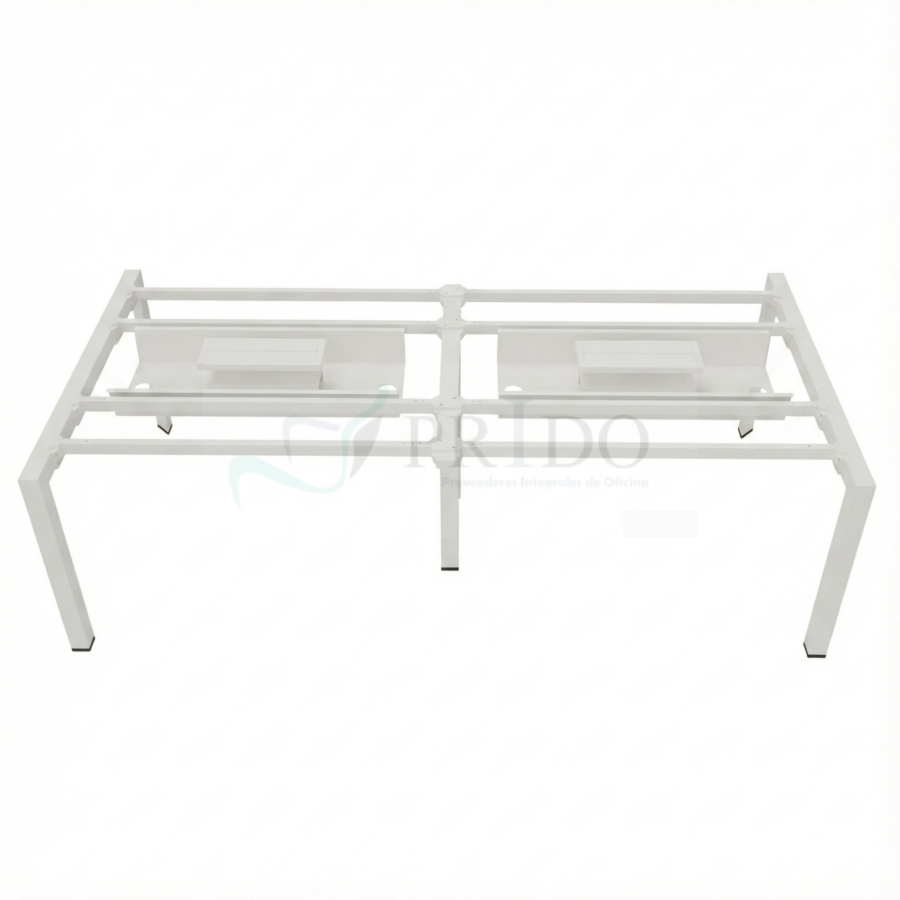 Estructura metálica blanca para mesa de reunión con doble canal de electrificación integrada.