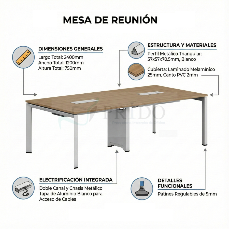 Mesa de reunión con estructura metálica blanca y cubierta laminada, dimensiones 240x120x75 cm con electrificación integrada.