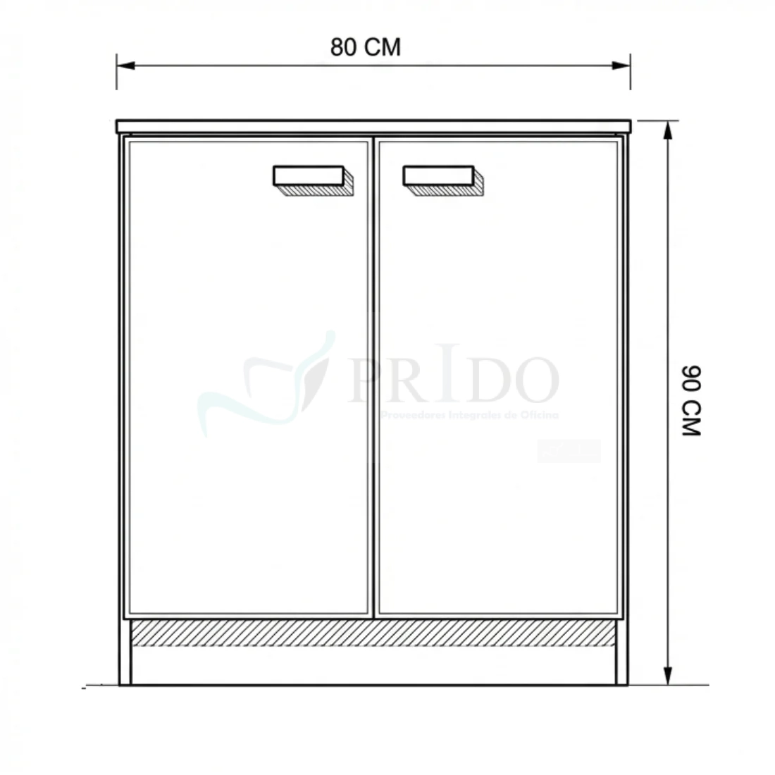 Diagrama frontal de mueble base de dos puertas, 80 cm de ancho y 90 cm de alto para oficina.