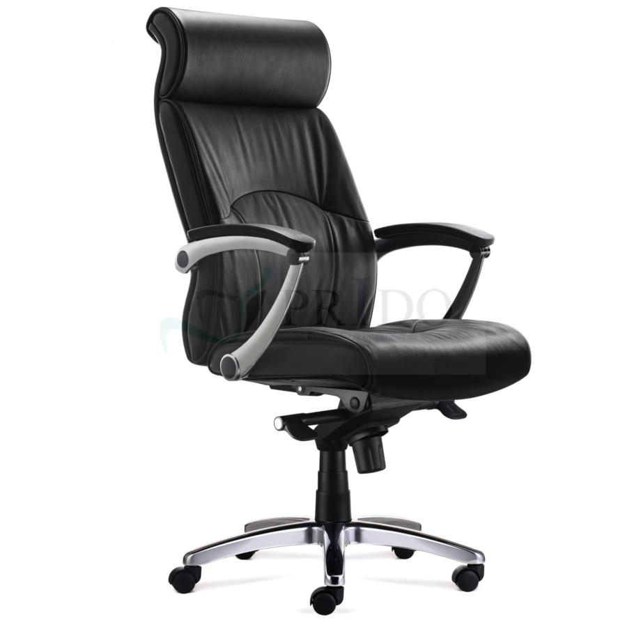 Sillón de oficina Noa ergonómico de respaldo alto en cuero sintético negro con apoyabrazos y base cromada.