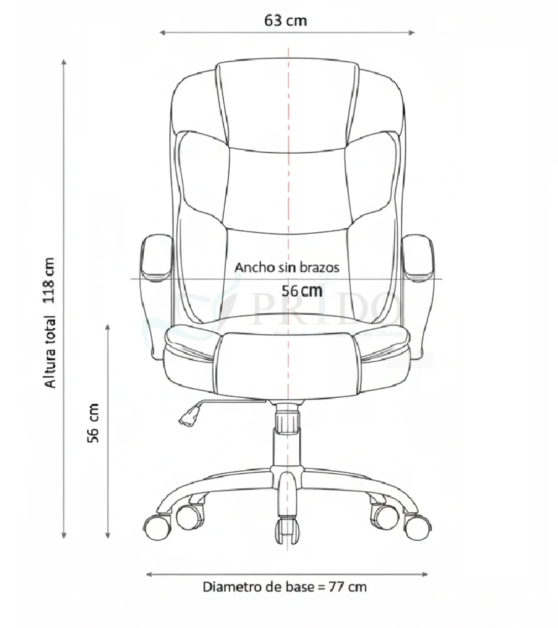 Diagrama frontal: ancho 63 cm; sin brazos 56 cm; alto total 118 cm; base de diámetro Ø = 77 cm