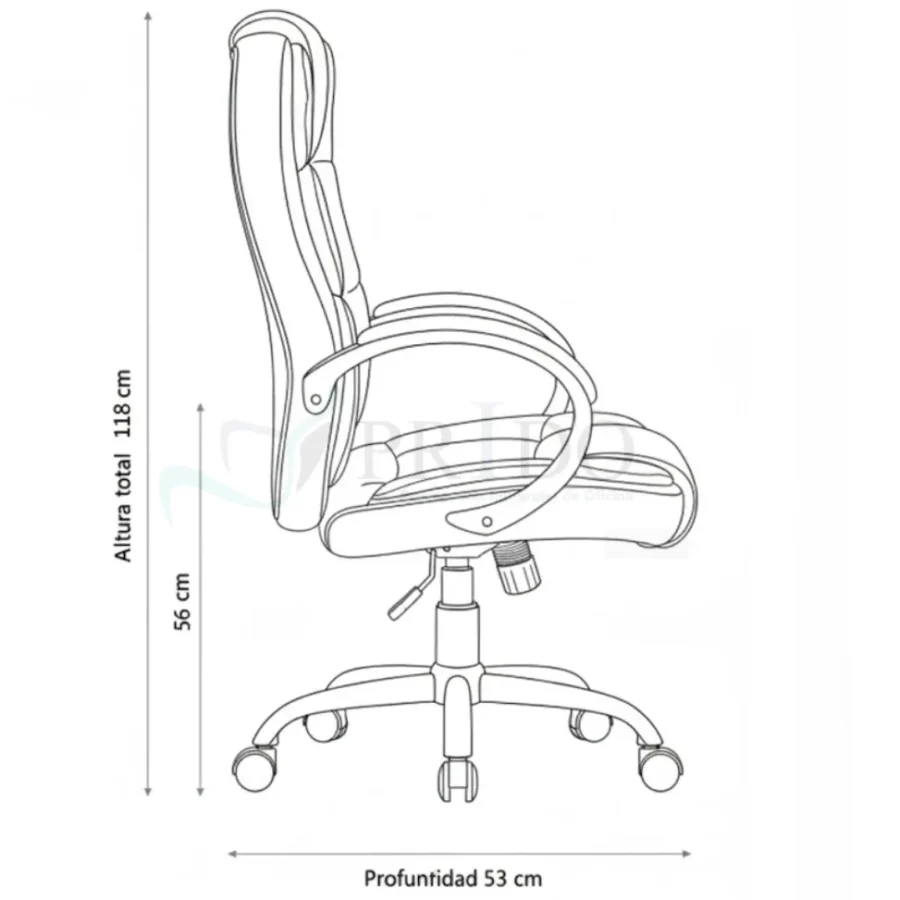 Diagrama lateral Sillón Adrián: altura 118 cm, profundidad 53 cm, respaldo 56 cm.