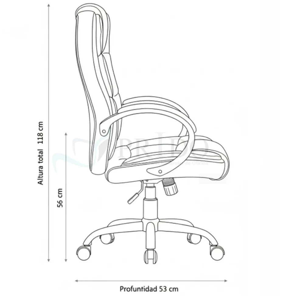 Diagrama lateral Sillón Adrián: altura 118 cm, profundidad 53 cm, respaldo 56 cm.