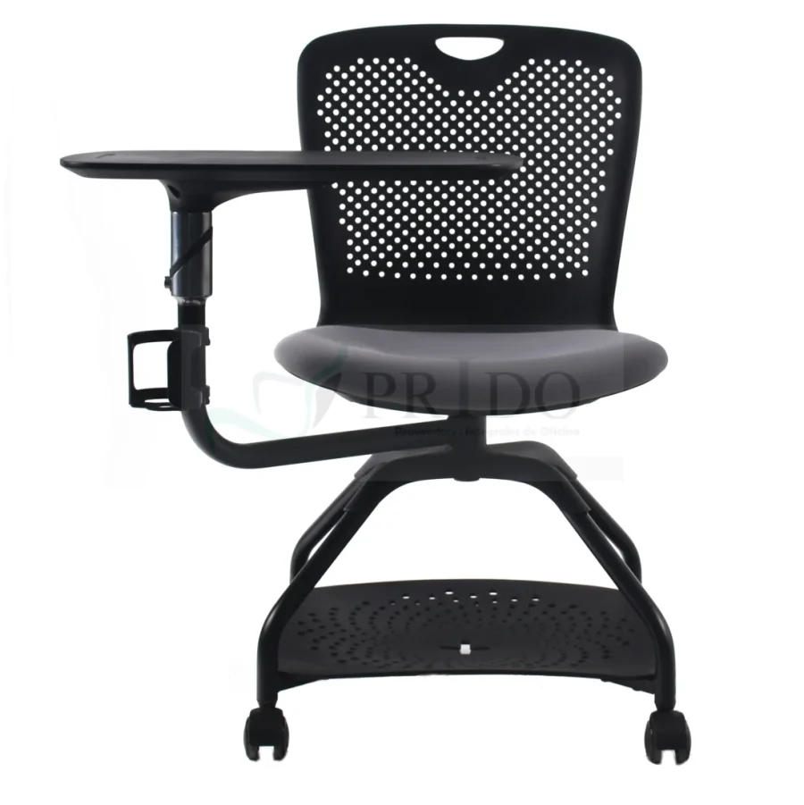 Silla escolar móvil con paleta y respaldo perforado.
