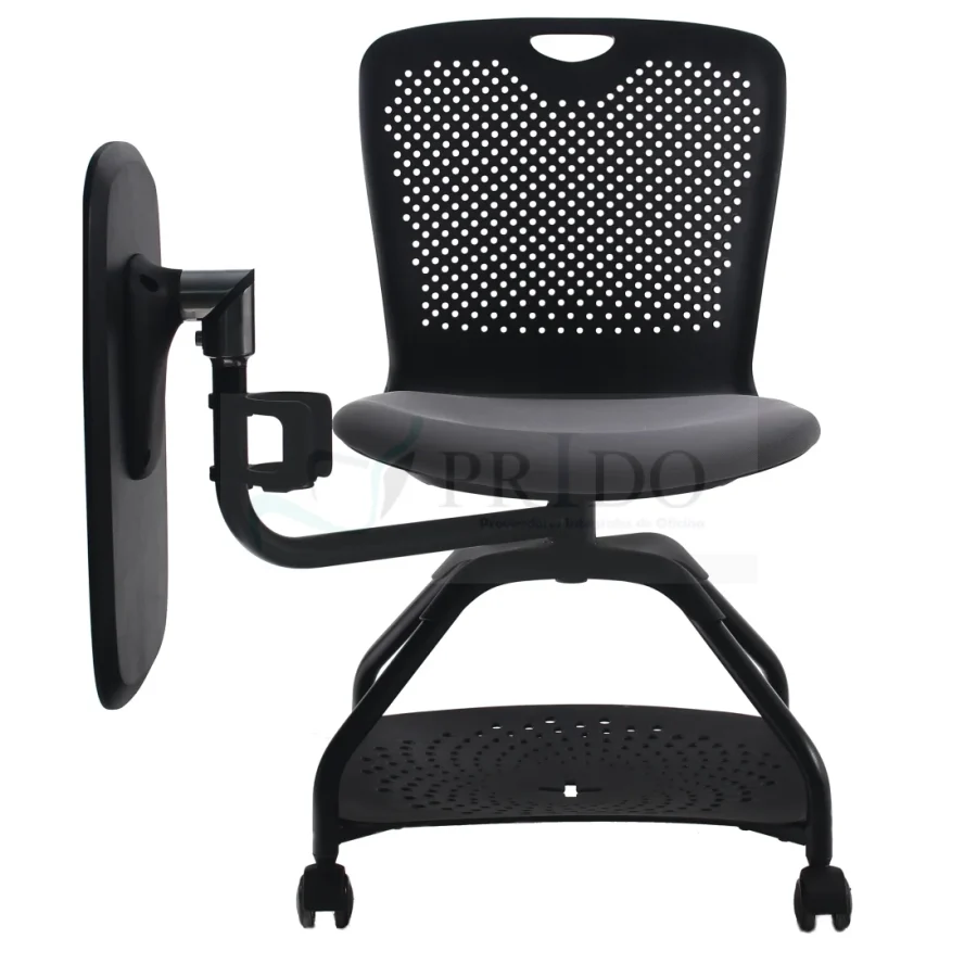 Silla de aula con mesa lateral ajustable y ruedas.
