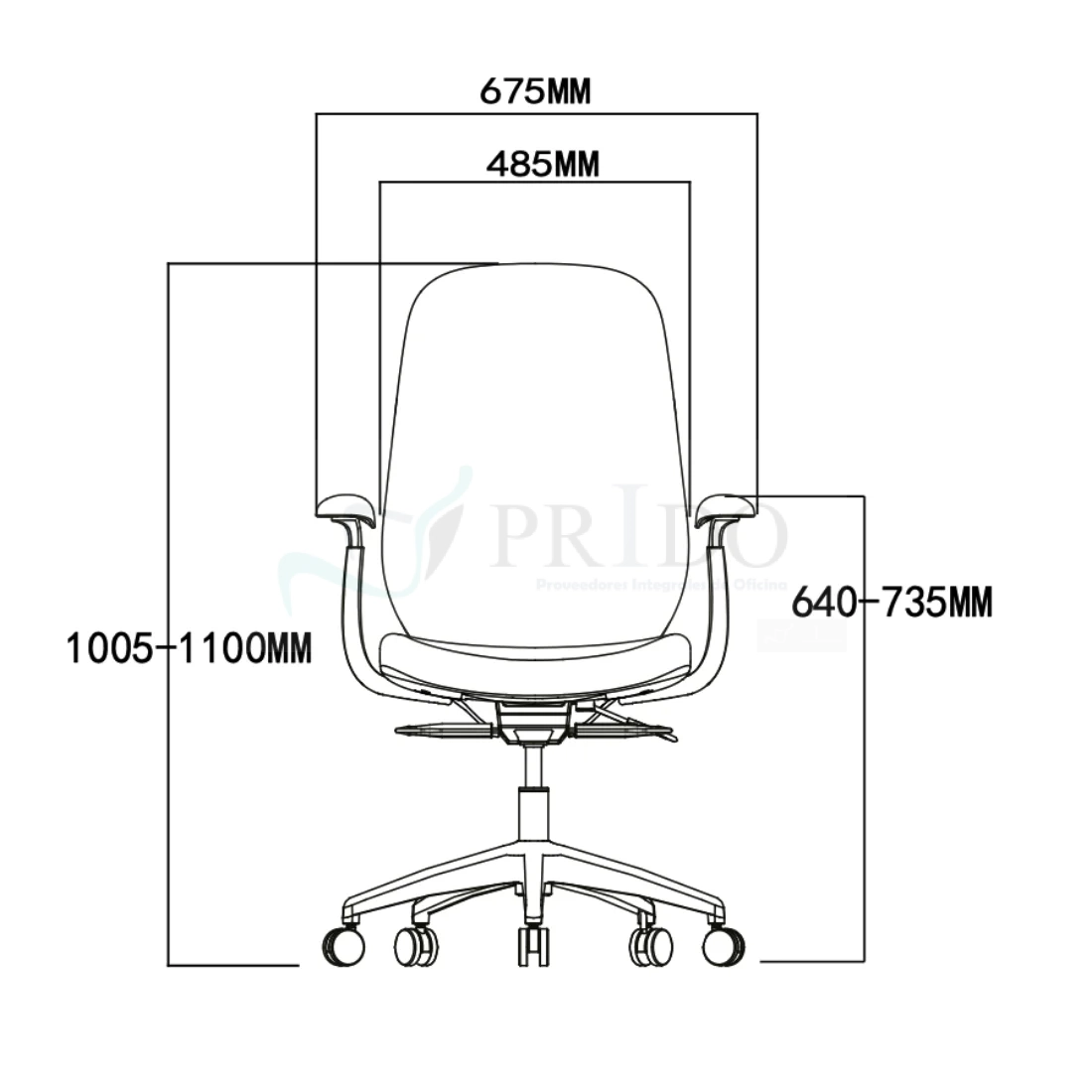 Diagrama frontal silla: ancho total 650 mm, respaldo 575 mm, altura 1025–1100 mm, apoyabrazos 640–735 mm.