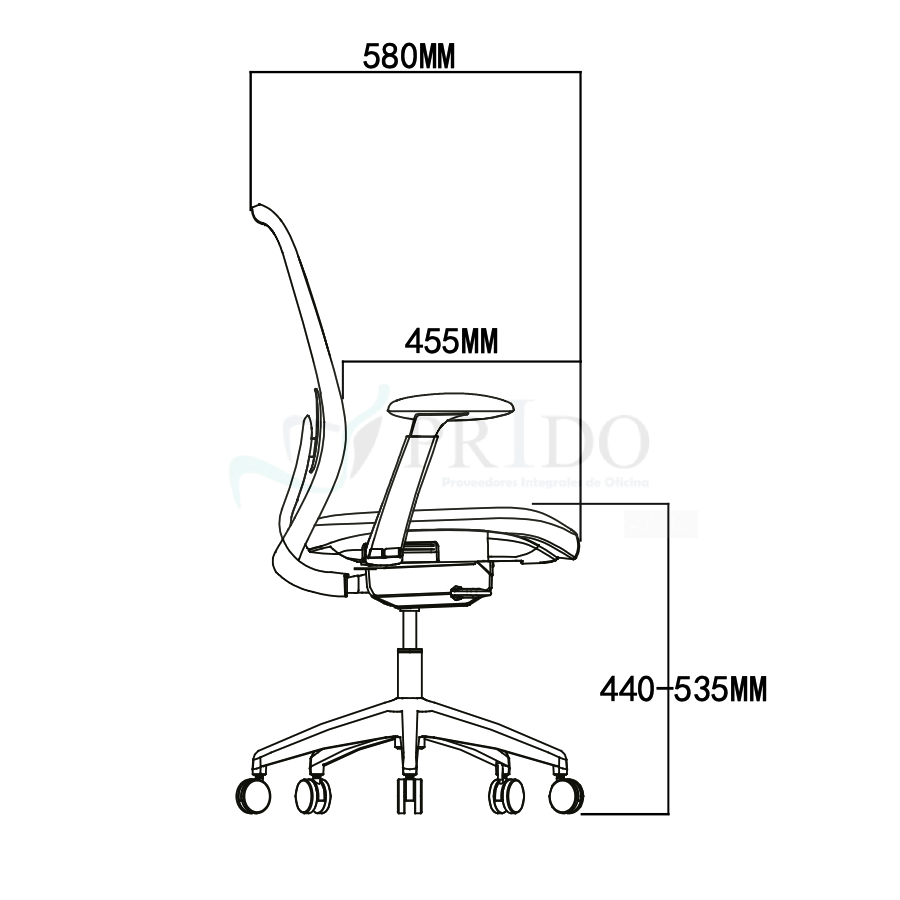 Diagrama lateral silla: profundidad 580 mm, asiento 455 mm, altura de asiento 440–535 mm.