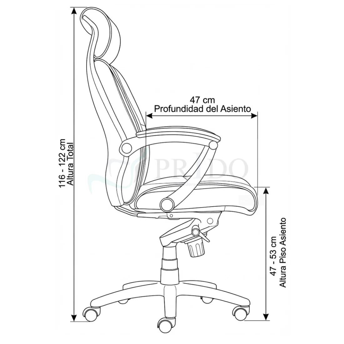 Dibujo técnico lateral de la silla gerencial Noa con asiento de 51 cm y altura ajustable entre 116 y 122 cm.
