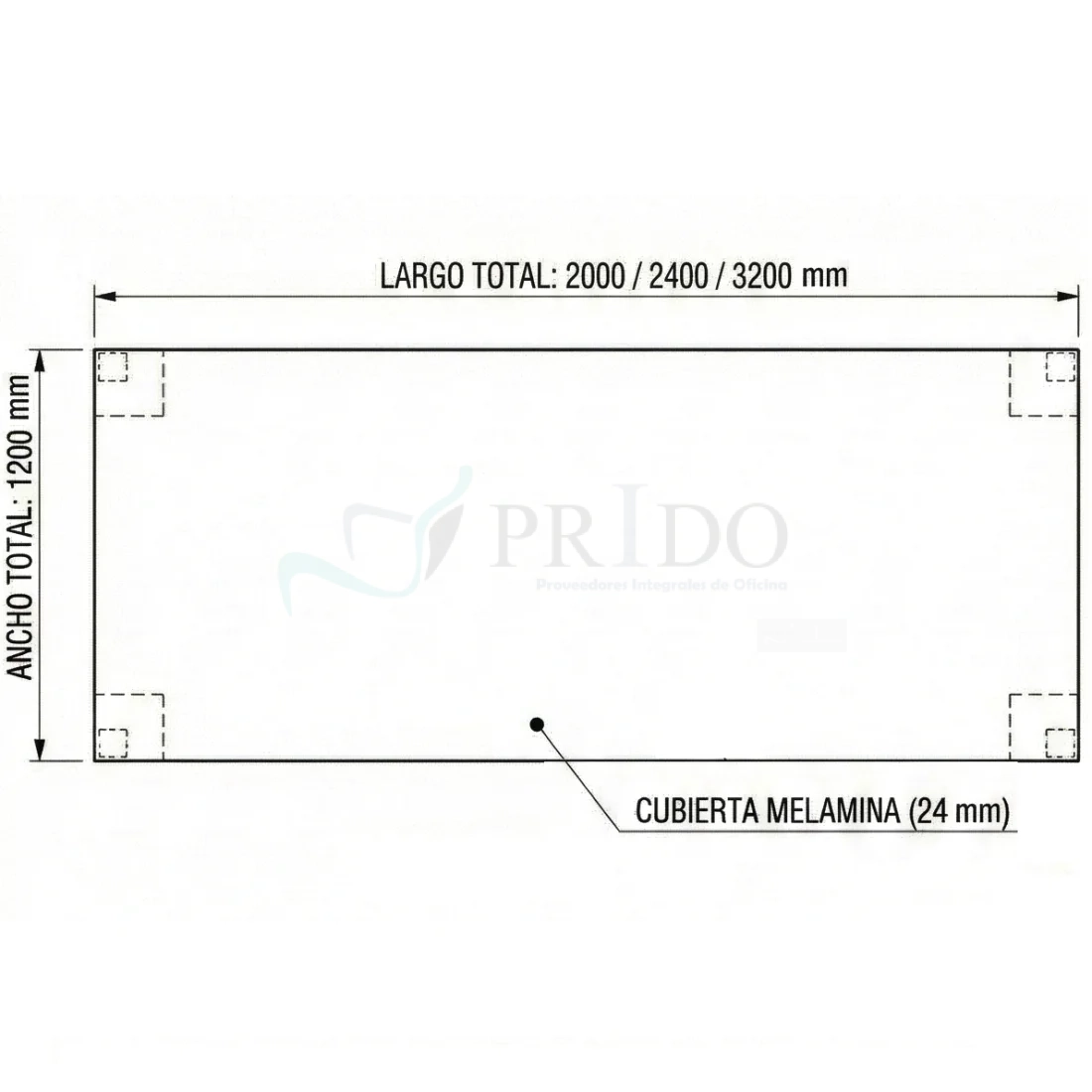 Plano técnico de medidas mesa de reunión Elpis, cubierta de melamina 24 mm, largo 2000 2400 o 3200 mm y ancho 1200 mm.