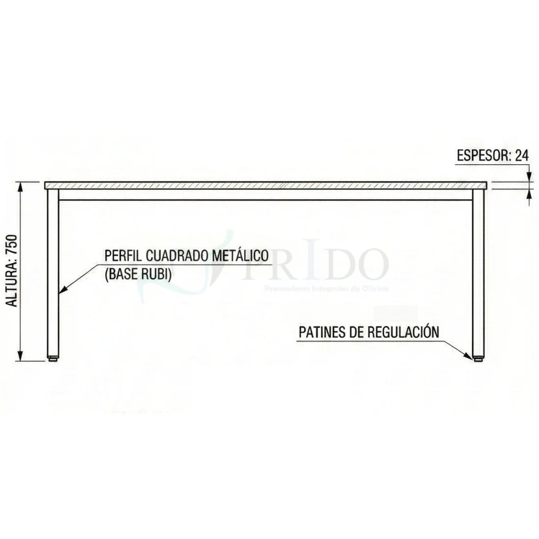 Plano lateral mesa de reunión Elpis con base Rubi, altura 750 mm, cubierta de melamina 24 mm y patines de regulación.