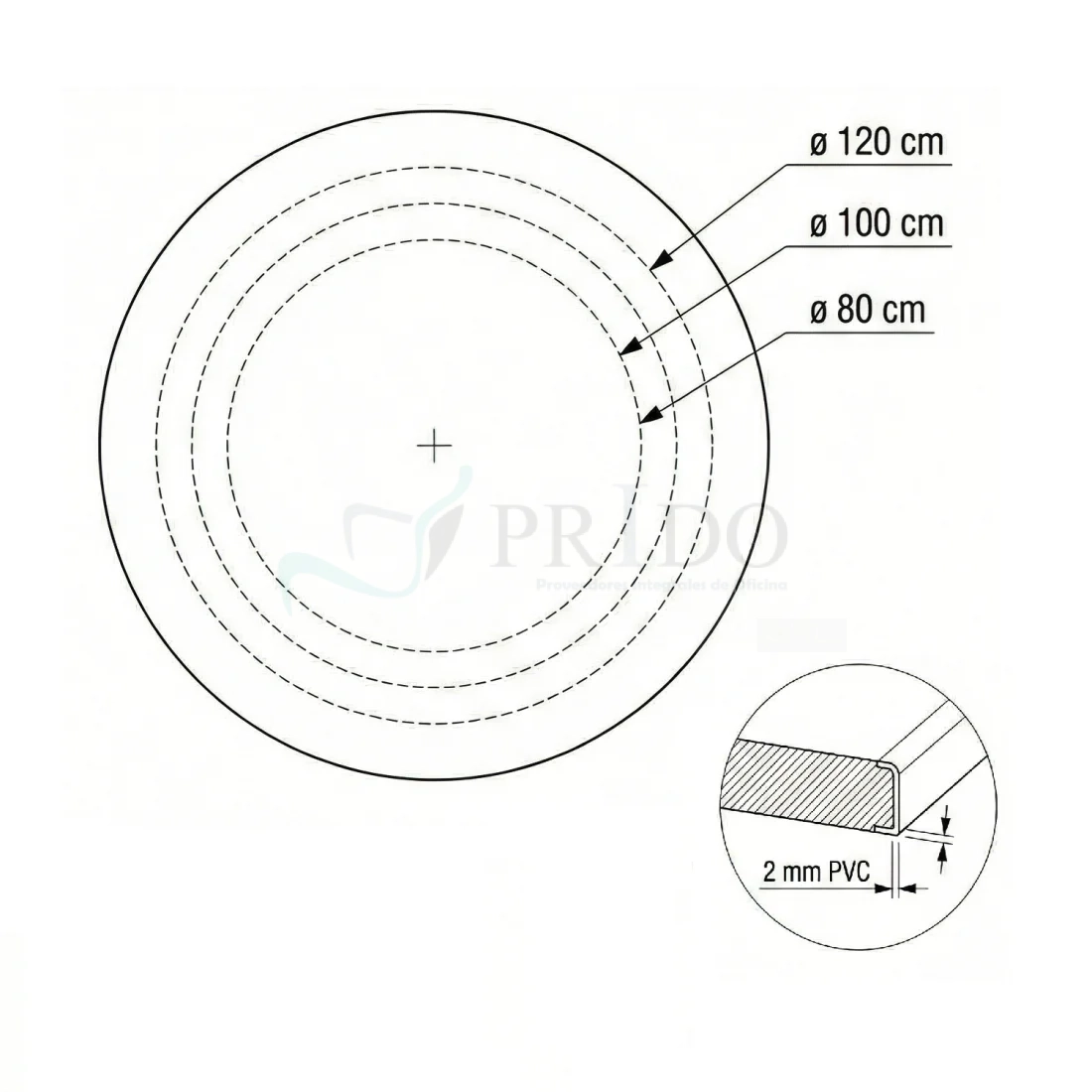 Dibujo técnico superior mesa redonda pedestal Lua Prido con diámetros de cubierta 80, 100 y 120 cm y borde PVC 2 mm.