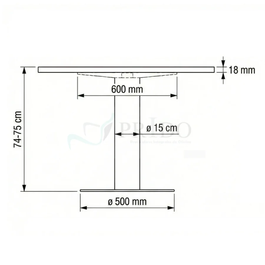 Dibujo técnico lateral mesa redonda pedestal Lua Prido con altura 74–75 cm, cubierta de 18 mm y base metálica de 50 cm de diámetro.