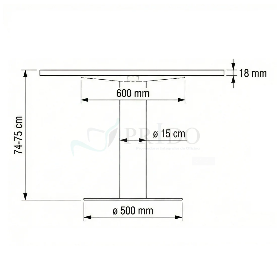 Dibujo técnico lateral mesa redonda pedestal Lua Prido con altura 74–75 cm, cubierta de 18 mm y base metálica de 50 cm de diámetro.