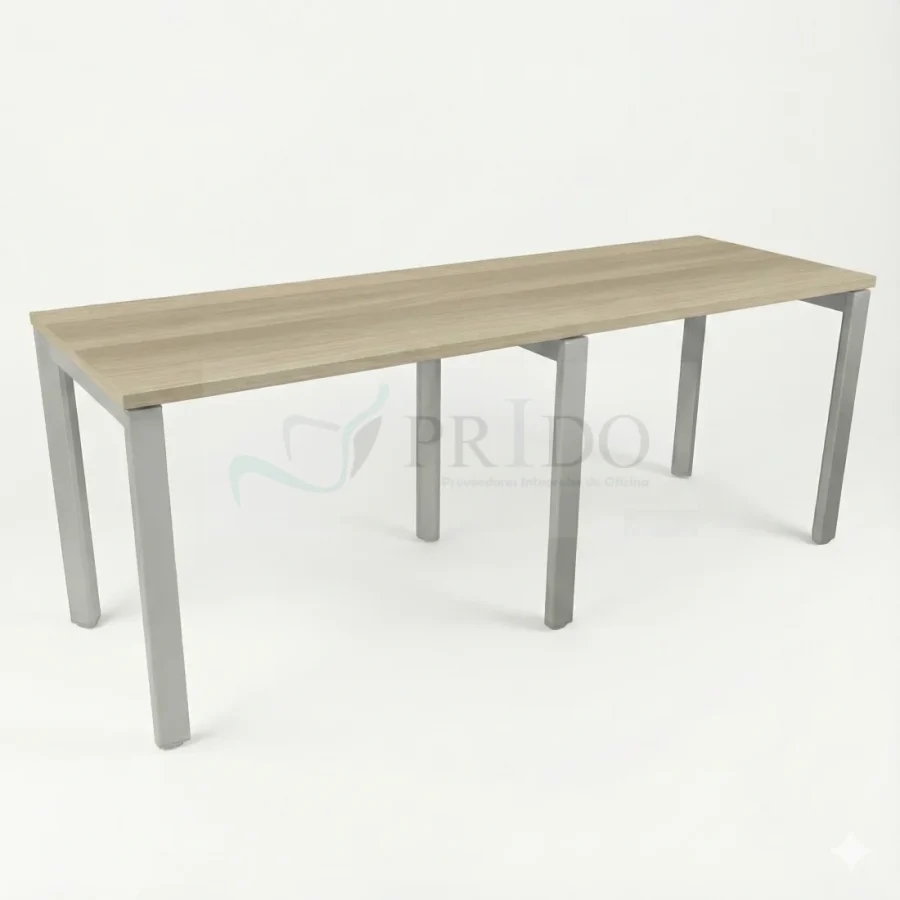 Mesa de reunión Elpis con cubierta tono acacia y estructura metálica gris, foto de producto en fondo blanco.
