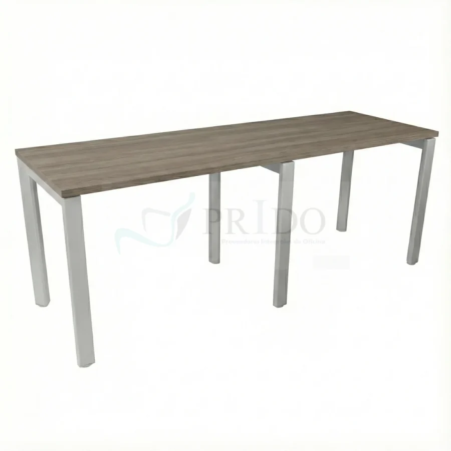 Mesa de reunión Elpis con cubierta tono fresno humo y patas metálicas grises, vista de estudio sobre fondo blanco.