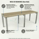 Infografía de mesa de reuniones Elpis con base metálica, dimensiones, materiales y detalles de montaje.