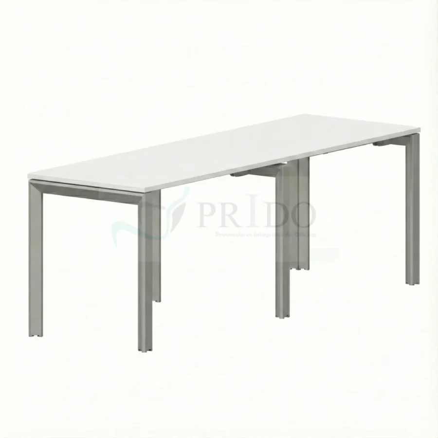 Mesa de reunión Hestia con cubierta blanca y patas metálicas grises, imagen de producto en fondo blanco.