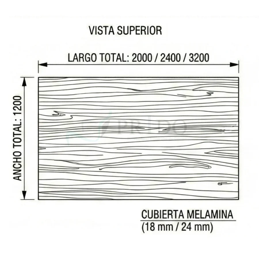 Plano técnico vista superior de mesa de reunión Hestia, largo 2000 2400 o 3200 mm, ancho 1200 mm y cubierta de melamina 18 o 24 mm.