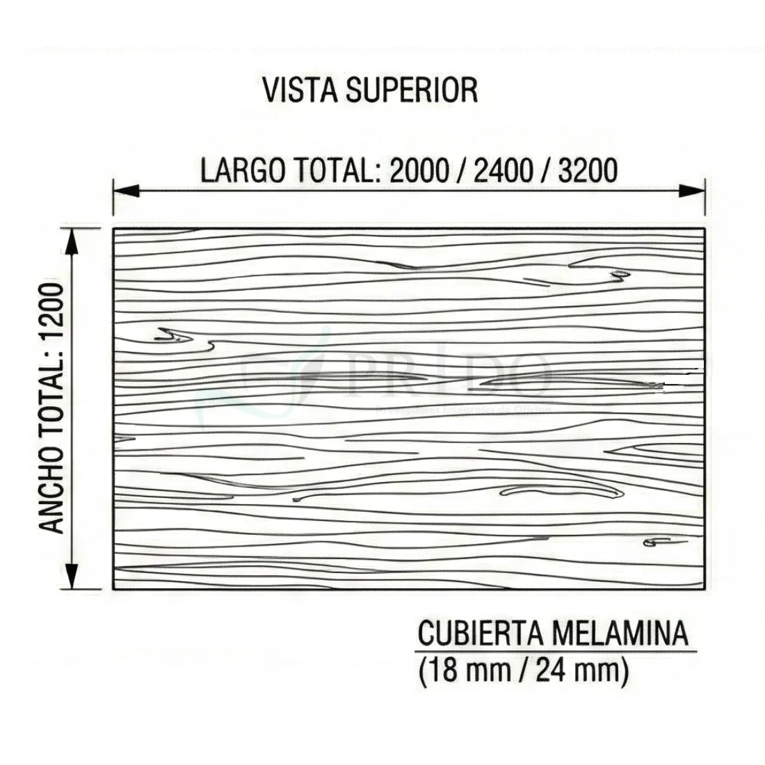 Plano técnico vista superior de mesa de reunión Hestia, largo 2000 2400 o 3200 mm, ancho 1200 mm y cubierta de melamina 18 o 24 mm.