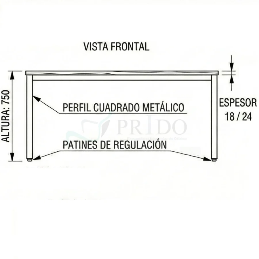 Plano técnico vista frontal de mesa de reunión Hestia con perfil cuadrado metálico, altura 750 mm, cubierta de melamina 18 o 24 mm y patines de regulación.