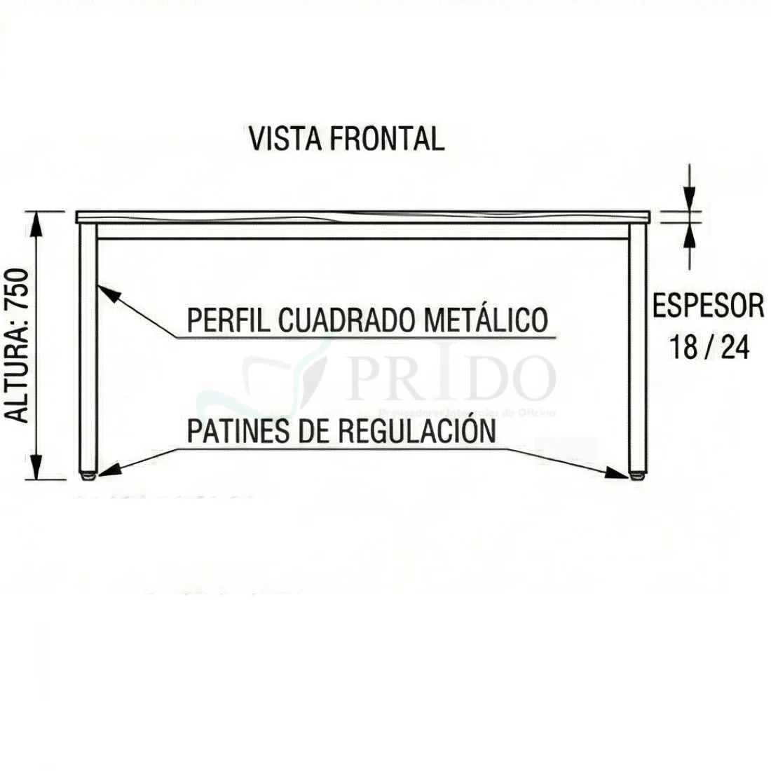 Plano técnico vista frontal de mesa de reunión Hestia con perfil cuadrado metálico, altura 750 mm, cubierta de melamina 18 o 24 mm y patines de regulación.