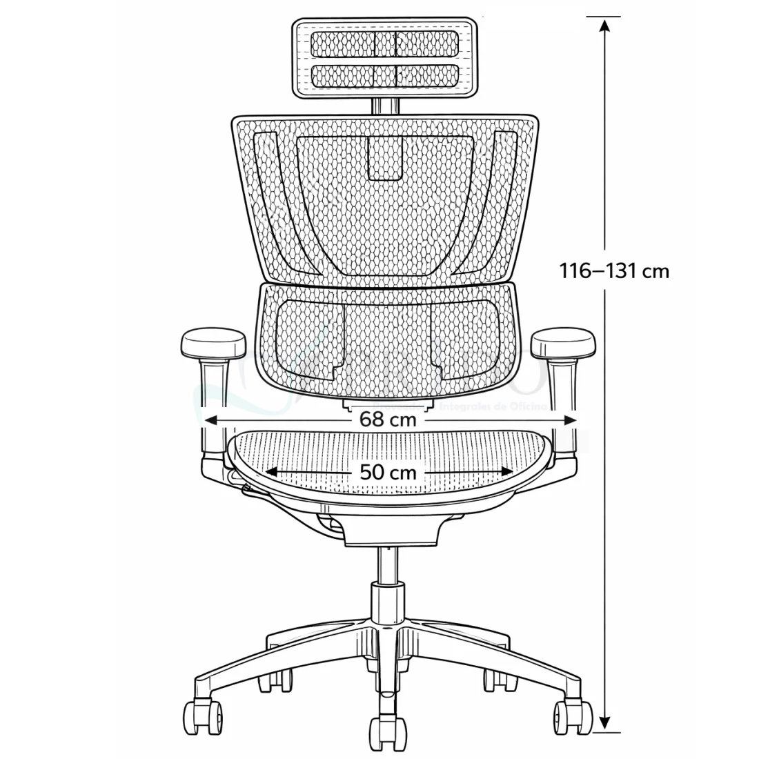Diagrama con dimensiones de silla de oficina ergonómica con respaldo de malla, cabecero y ruedas.