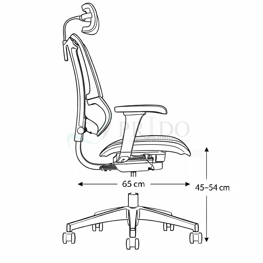 Vista lateral con medidas de silla ergonómica de oficina con soporte lumbar, cabecero y base con ruedas.