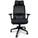 Silla ejecutiva Montreal vista de frente con asiento acolchado negro, respaldo alto de malla transpirable y cabezal ergonómico.
