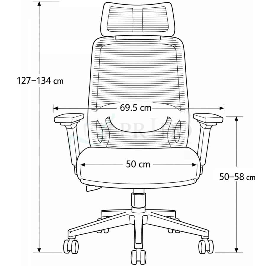 Silla de oficina ergonómica con respaldo de malla vista frontal y esquema de medidas en centímetros.