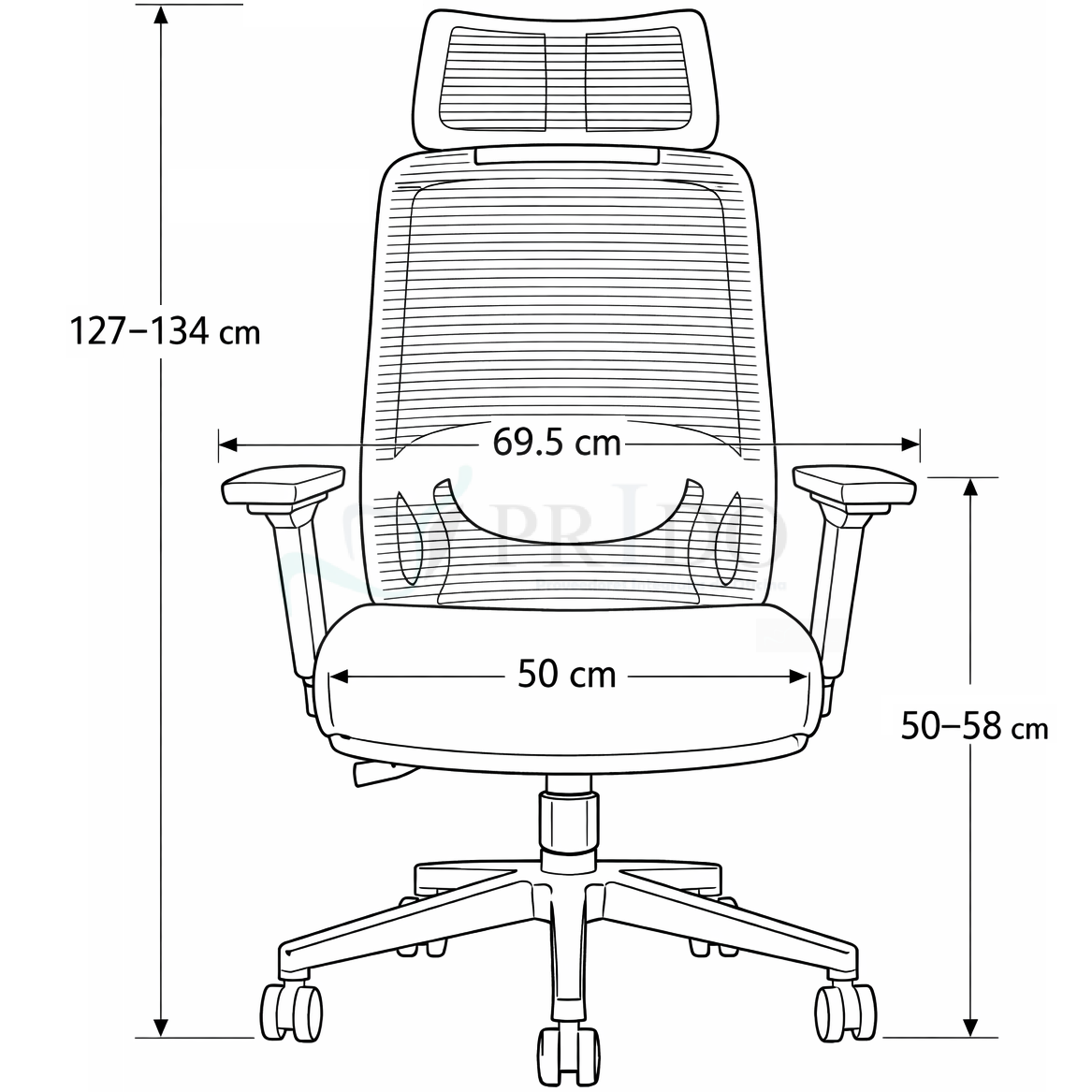 Silla de oficina ergonómica con respaldo de malla vista frontal y esquema de medidas en centímetros.