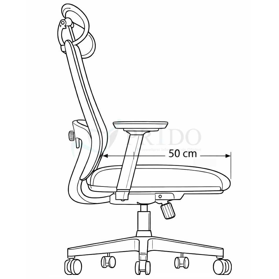 Silla de oficina ajustable vista de perfil con dimensiones de profundidad del asiento y ruedas.