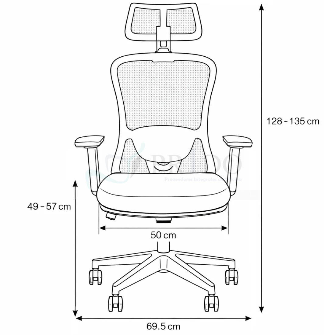 Silla de oficina ergonómica con medidas técnicas detalladas y respaldo de malla transpirable vista frontal.
