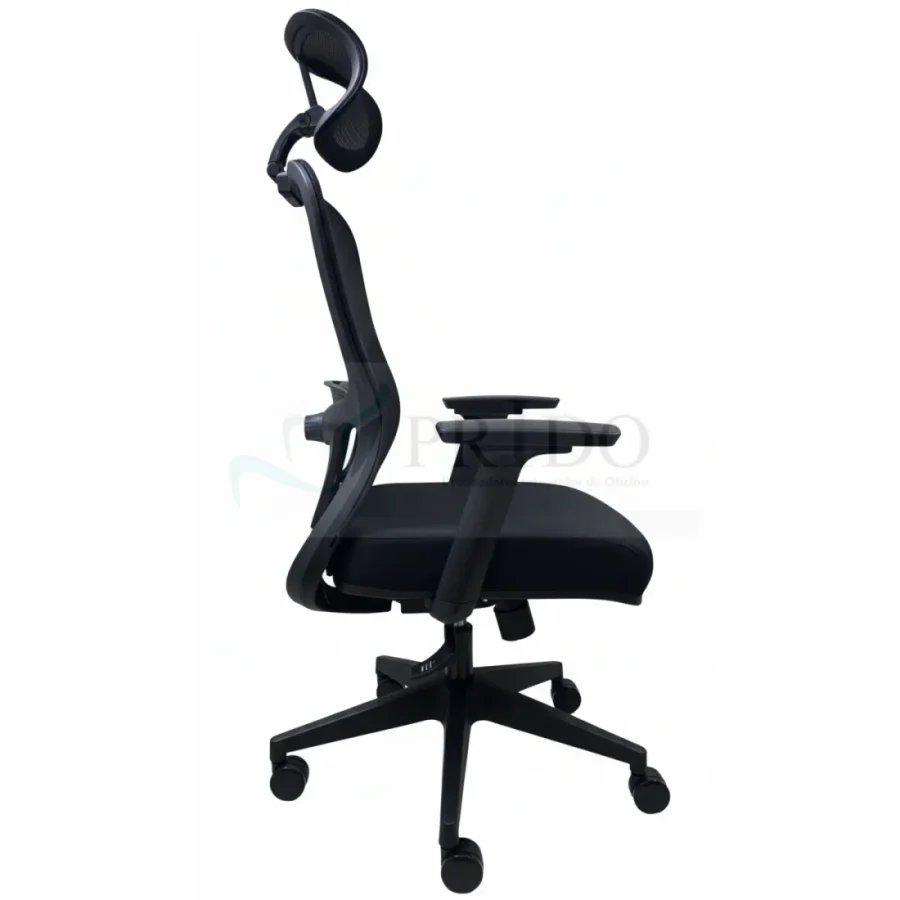 Perfil lateral de la silla ergonómica Toronto mostrando la curvatura del respaldo y el sistema de reclinación.
