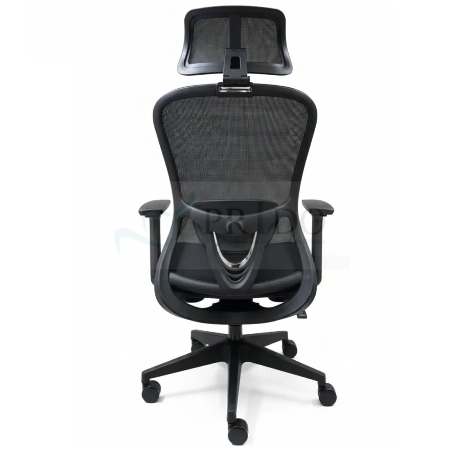 Vista posterior de la silla Toronto destacando el soporte lumbar ajustable y el diseño de la estructura del respaldo.