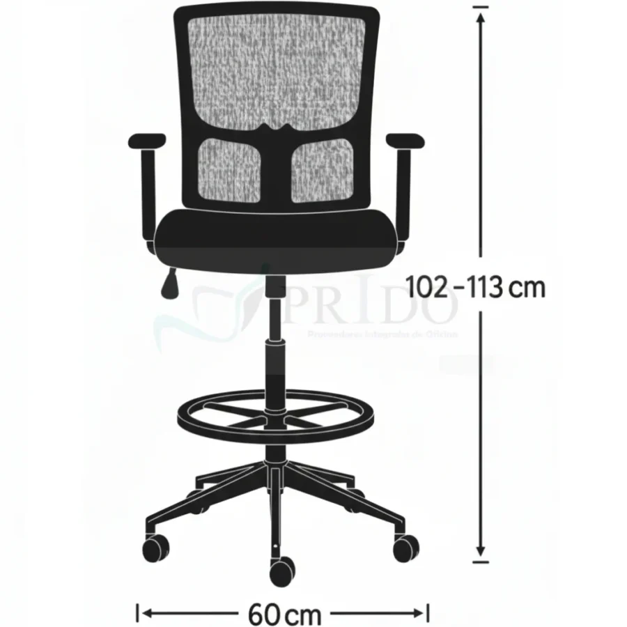 Dibujo técnico silla Emily Cajero con altura de 102 a 113 cm y ancho total de 60 cm.
