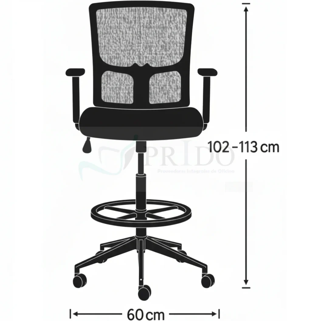Dibujo técnico silla Emily Cajero con altura de 102 a 113 cm y ancho total de 60 cm.
