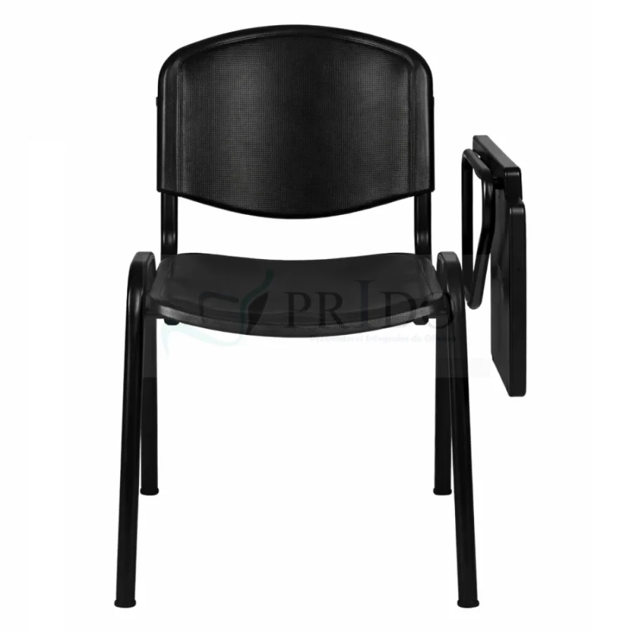 Silla ISO universitaria negra vista frontal con paleta de estudio plegada hacia un costado.