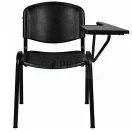 Silla universitaria negra con brazo para escribir extendido en posición de uso vista frontal.