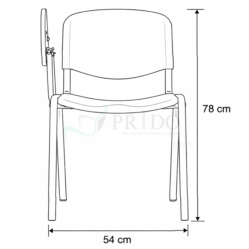 Dimensiones de silla universitaria negra de 78 cm de alto por 54 cm de ancho.