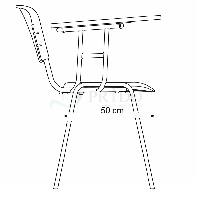 Medida lateral de silla universitaria con pupitre de 50 cm de profundidad.