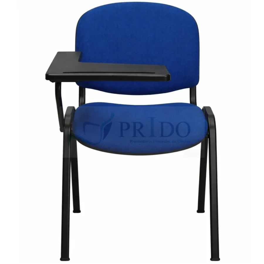 Silla universitaria ISO azul con brazo de paleta negro y estructura metálica negra vista frontal.