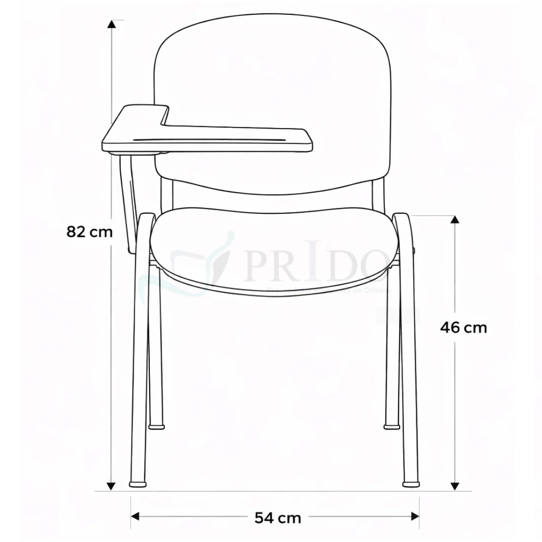 Diagrama técnico frontal de silla universitaria con medidas de 82 cm de alto y 54 cm de ancho.